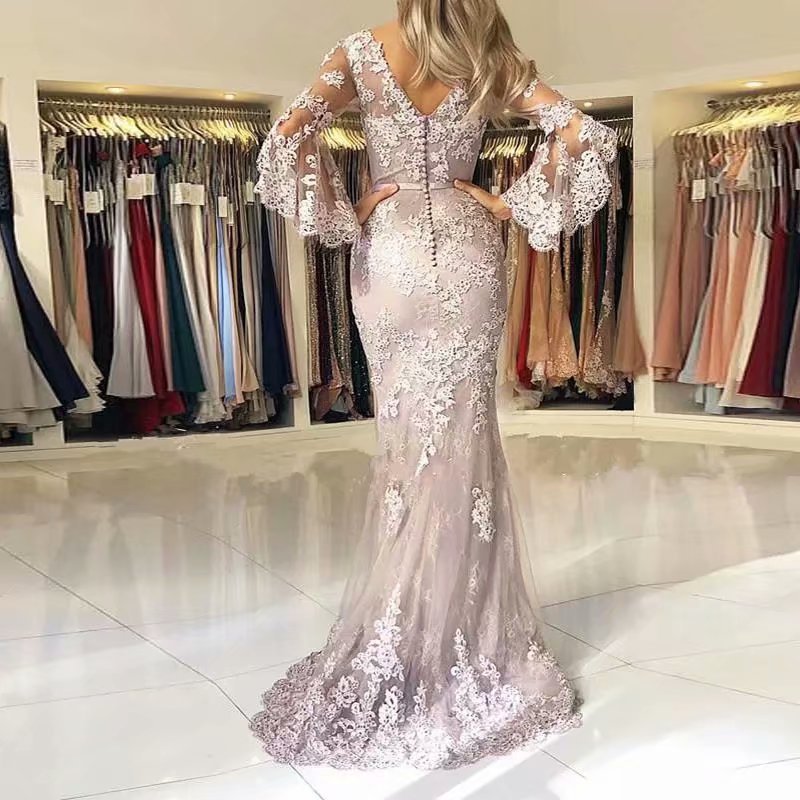 Comercio exterior de Europa y América Amazon AliExpress deseo nuevo encaje fishtail acampanado manga larga vestido de noche vestido de cola de pescado