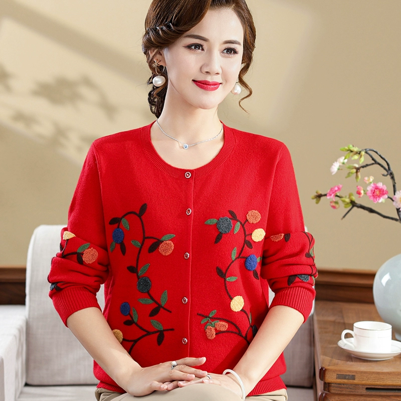 Mother Woolen Cardigan - Spring/Autumn Knit with Floral Embroidery, Sizes M-5XL, Camel/Red/Gray