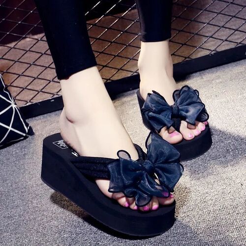 Fashionable new bow person's sandal women summer versatile beach vacation sandal wedge thick sole open-toe sandals