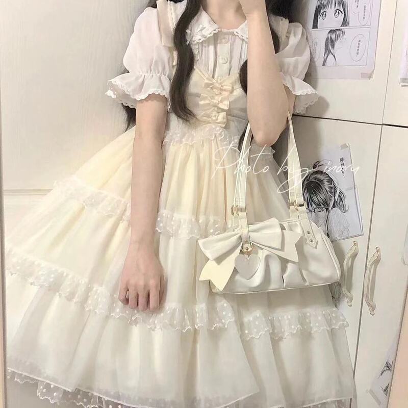 女子学生向けサマースーツ ベビードールカラーシャツ+かわいいリボン白メッシュサスペンダースカート 2点セット/単品|undefined