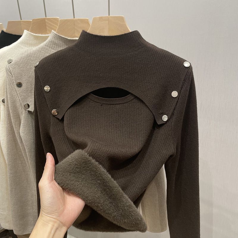 【 Kašmírová rodina 】 Dámský teplý fleecový svetr s tlustým sametovým vnitřkem a dutým poloviční vysokým límcem z vlněné tkaniny_voghion.com