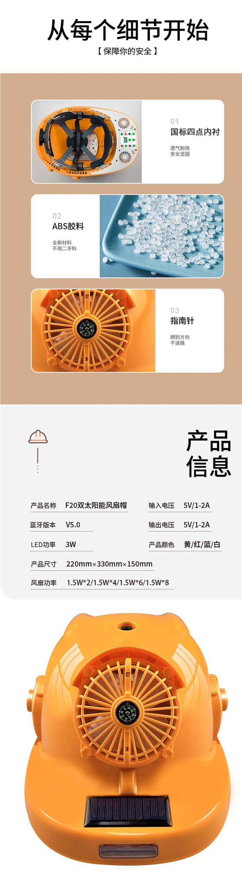 Solar-powered dual-charging safety helmet with built-in fan and air conditioning for cooling and sun protection at construction sites in summer