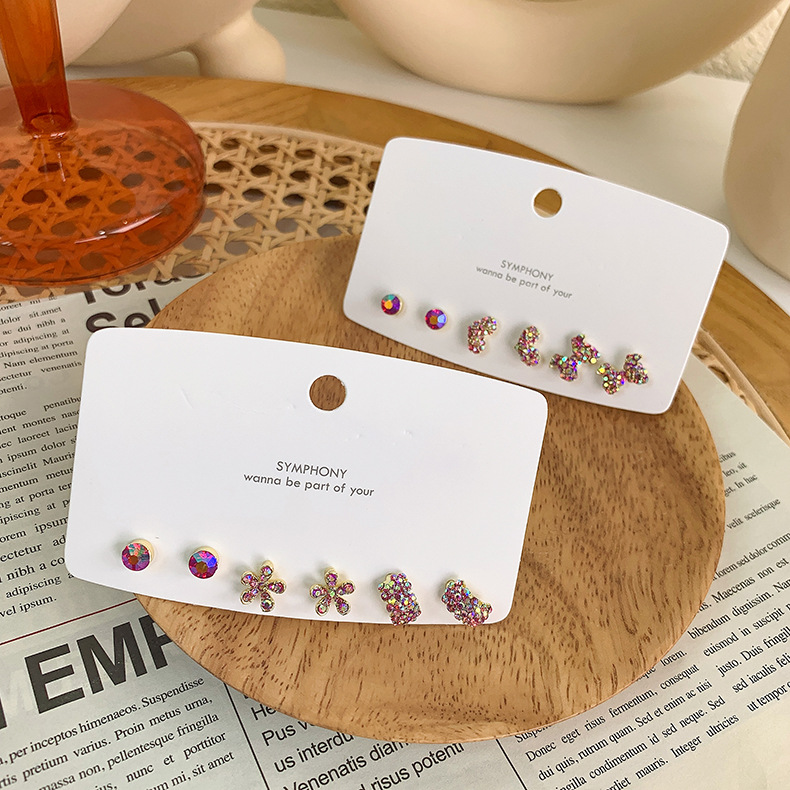 Korean Fashion Colorful Inlaid Rhinestone Bow Heart Flower Earrings 6-piece Set Wholesale Nihaojewelry display picture 8