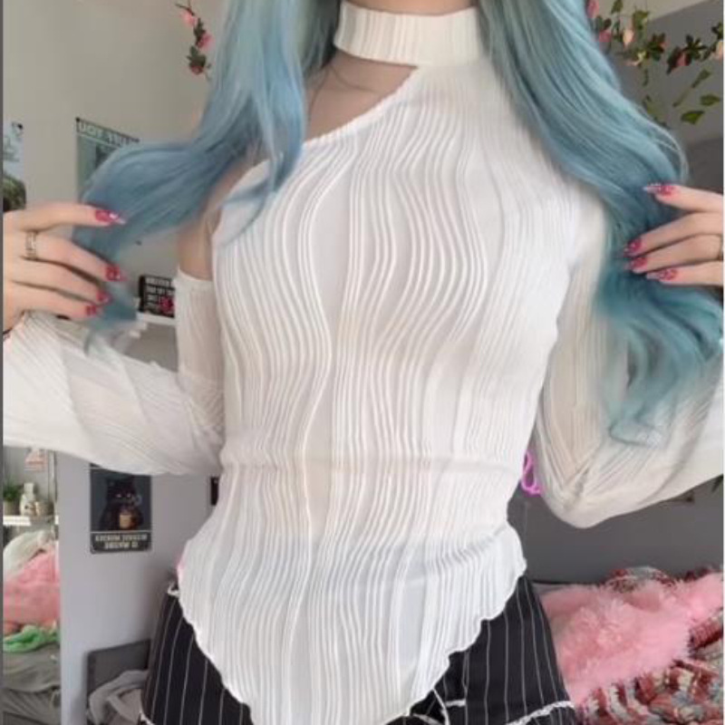 Ruffles Function Style Spring New Women's Clothing Strip Sexy Street Fashion Long Sleeve Diagonal Collar Halterneck T-shirt Women