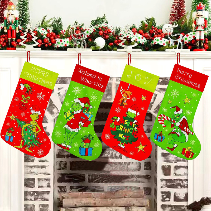 Christmas Stocking Gift Bag Grinch Christmas Stocking Fireplace Hanging Ornament Christmas Decorations Christmas Gift Decoration