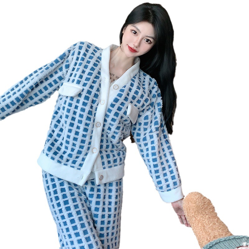 De alta calidad de tela escocesa de lana en línea popular de otoño e invierno de las mujeres de la Honda chaqueta de manga larga de tres piezas pijamas traje de desgaste para el hogar