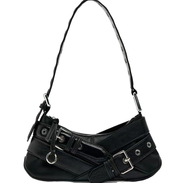 Z-Brand Cross-Border Women's Bag 2025 New Original Niche Retro Black Hot Girl Motorcycle Shoulder Bag Underarm Baguette Bag - Thumbnail 5