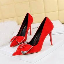 9511-H31 Luxury Banquet High Heels with Thin Heels, Suede Surface, Shallow Mouth, Sharp Point, Rhinestone Bow, Super High Heel Single Shoes for Women