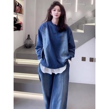 欧货高档牛仔卫衣慵懒风又a又飒两件套装春秋新款搭配一整套大码