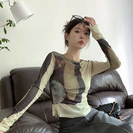 美式复古正肩长袖恤女秋季设计感小众辣妹修身显瘦短款打底上衣