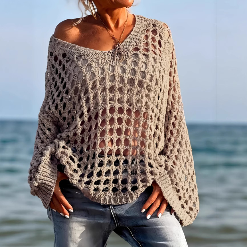 European and American Cross-border New Women's Sweater Solid Color Loose Crewneck Long-sleeved Hollow Sweater Unlined Beach Blouse