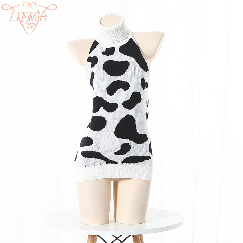 Fun Sweater Girl C0S Secondary Japanese Cow Print Mid-length High Collar Backless Sexy Private Portrait