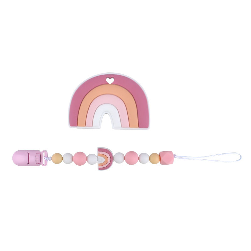 Nuevo bebé dibujos animados colorido rojo silicona teether palo pezón cadena anti-gota cadena juguete teether traje