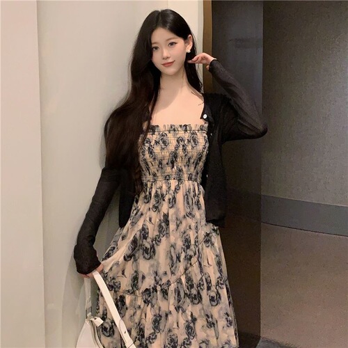 French coffee break dress, suspender dress, women's summer new style, fat MM waist, slimming, covering meat, rose floral long dress