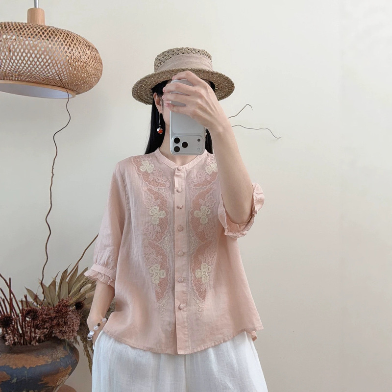 2026 Summer New Style Artistic Ramie Embroidered Casual Mid-Sleeve Shirt Retro Lace Embroidered Loose Top Women's Clothing 2026 Summer New Style Artistic Ramie Embroidered Casual Mid-Sleeve Shirt Retro Lace Embroidered Loose Top Women's Clothing