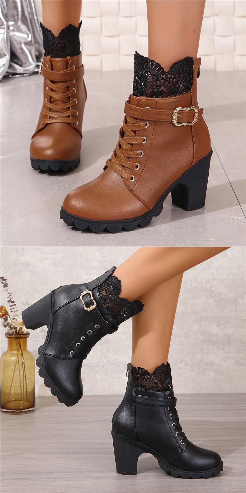 Short with belt buckles, high heels, round toe, lace straps, back zipper, thick soled women's boots_voghion.com