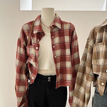 外搭衬衣复古磨毛宽松衬衫女春季短外套小个子格纹短款长袖衬衣潮