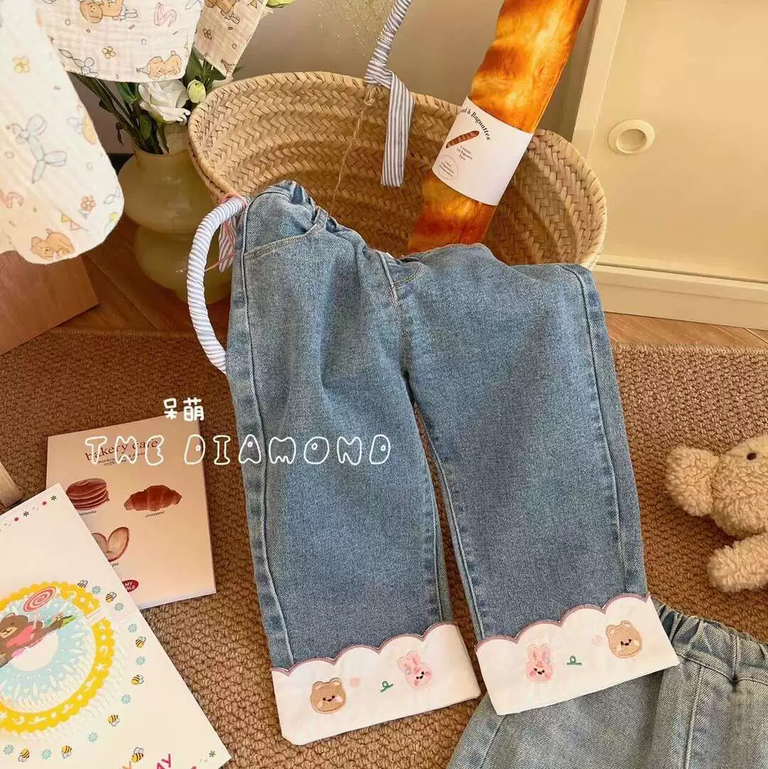 童星圆 Cute jeans girl's, мягкие удобные брюки, с вышивкой, корейский стиль, западный стиль, свободный прямой крой