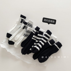 2024新款秋冬季兒童襪子韓版ins字母黑白條紋寶寶襪運動風中筒襪