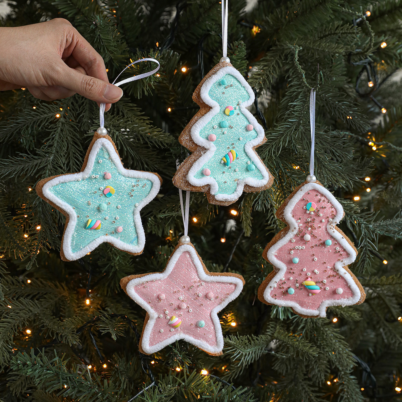 Nuevos colgantes de espuma azul rosa de cinco puntas colgantes de árbol de Navidad polvo adhesivo decoración accesorios de diseño de atmósfera