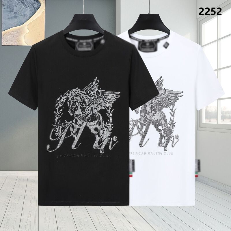 Summer New Plein Short-Sleeve T-Shirt, Pure Cotton, Breathable, Round Neck, Comfortable, High-Quality, Skull Design