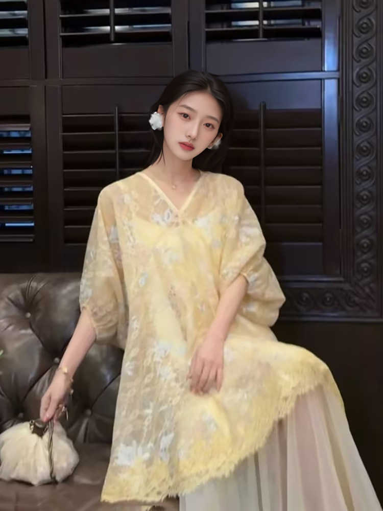 Đầm maxi nữ thêu ren phong cách dân tộc hai dây bộ hai món N4001 — Màu tím hồng, Vàng chanh
