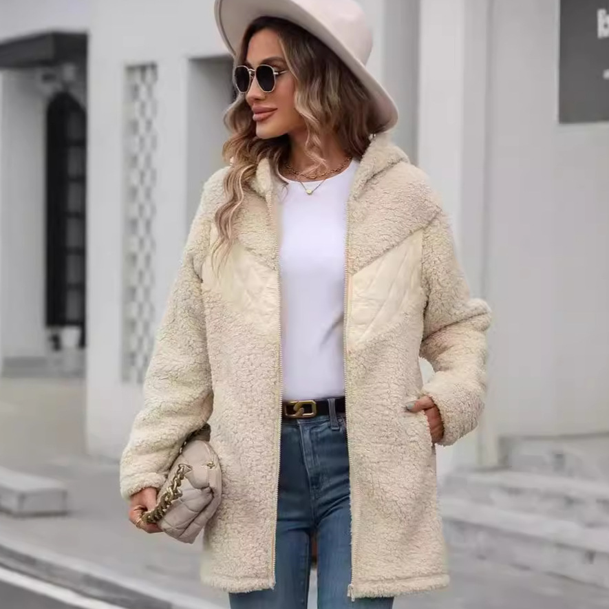 Flash Velvet 2024 Cross-border New European and American Women's Autumn and Winter Cardigan Hooded Mid-length Zipper Loose Plush Coat for Women
