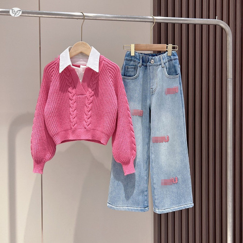 Children's Fall/Winter Set 2025 New Trendy Kids' Korean Style Casual Knit Sweater Fashion Embroidered Denim Jeans