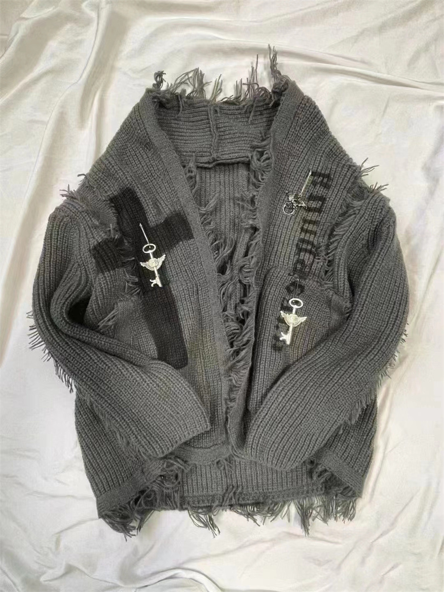 Abbigliamento da uomo, maglione cardigan strappato retrò in stile dark subculture, giacca in maglia punk di media lunghezza da uomo e da donna_voghion.com