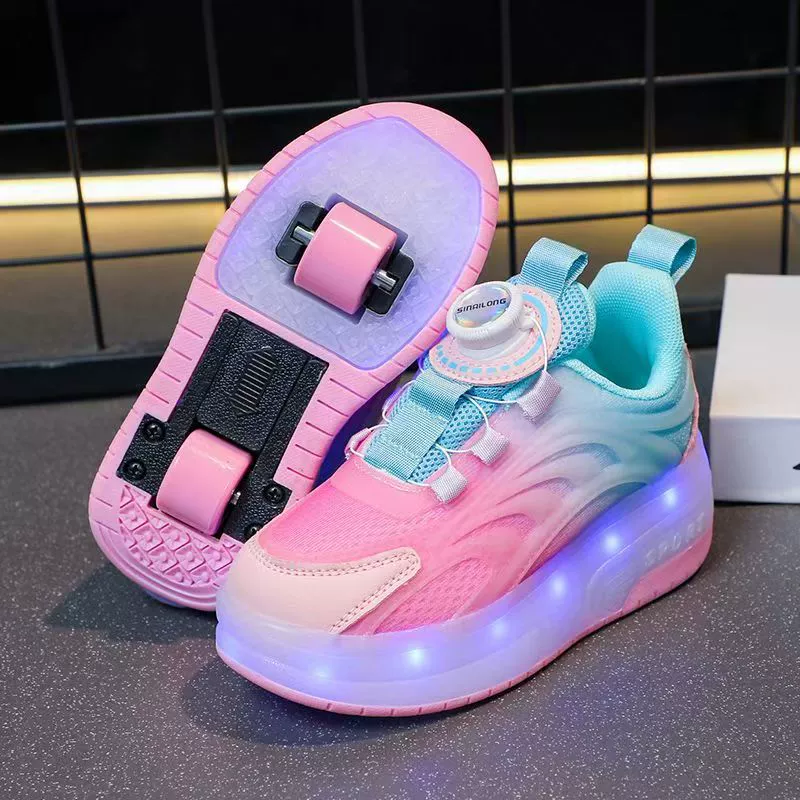 Кроссовки на колесиках для мальчиков, студенческая версия, унисекс, стильный дизайн, складные, для поездок в школу, с двойными колесами, летняя дышащая модель, детская версия.