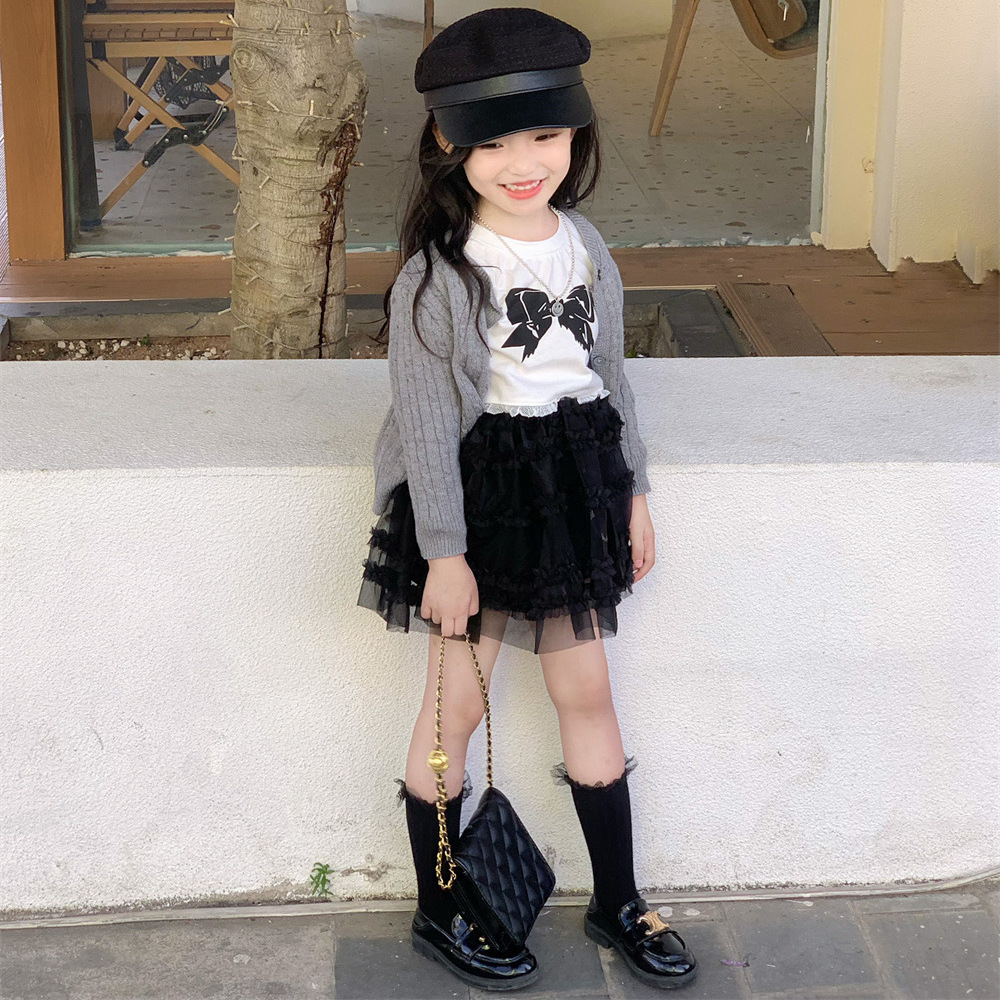 (2개) 가을 2024 새로운 소녀 서양식 니트 카디건 활 긴팔 티셔츠 플레어 바지 3 피스 세트