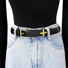 轻奢简约高级金属小花装饰针扣腰带女士西装裤配饰黑色皮带欧美风