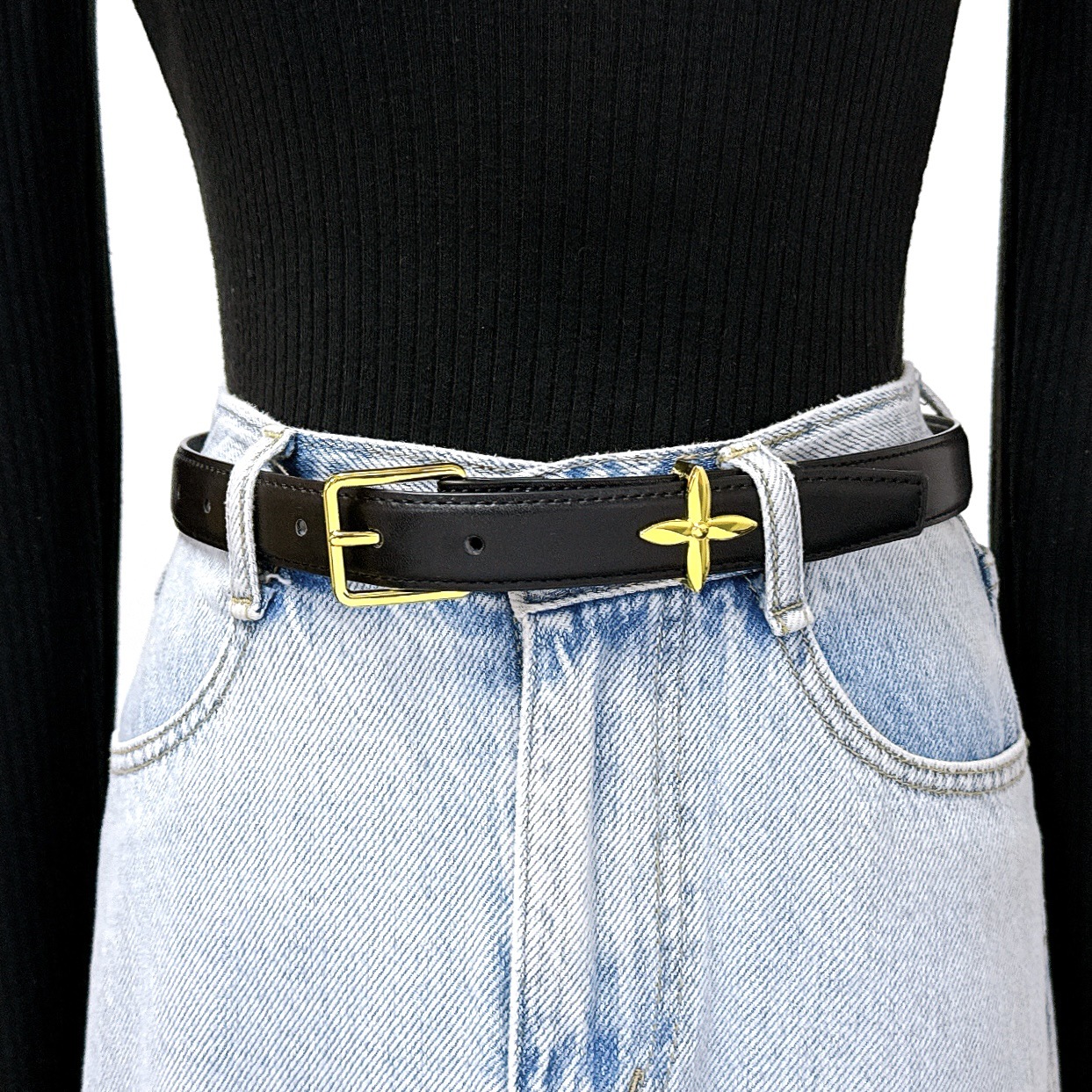 轻奢简约高级金属小花装饰针扣腰带女士西装裤配饰黑色皮带欧美风