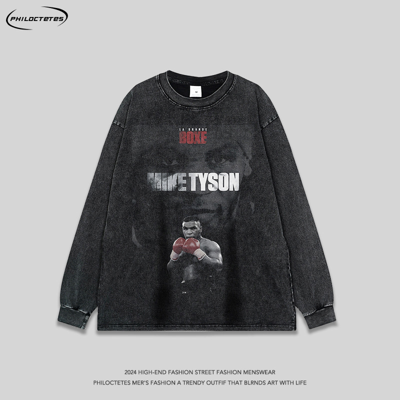 260g Heavy Washed Old hiphop Brand Boxer Direct Injection Printed High Street Ancient Loose Long Sleeve T-shirt