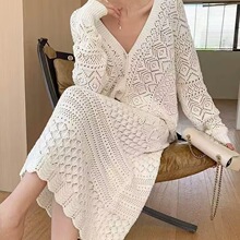 酒窝时尚两件套装女2026春秋镂空针织上衣开衫半身裙长裙图色锦纶