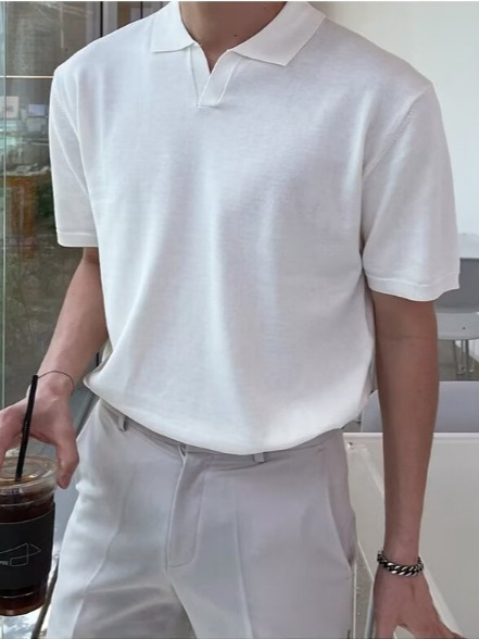 Polo de cercanías suave y ceroso, tejido mezclado de seda de hielo, manga corta, ligero y sedoso, no es fácil de penetrar, camisa de fondo superior coreana