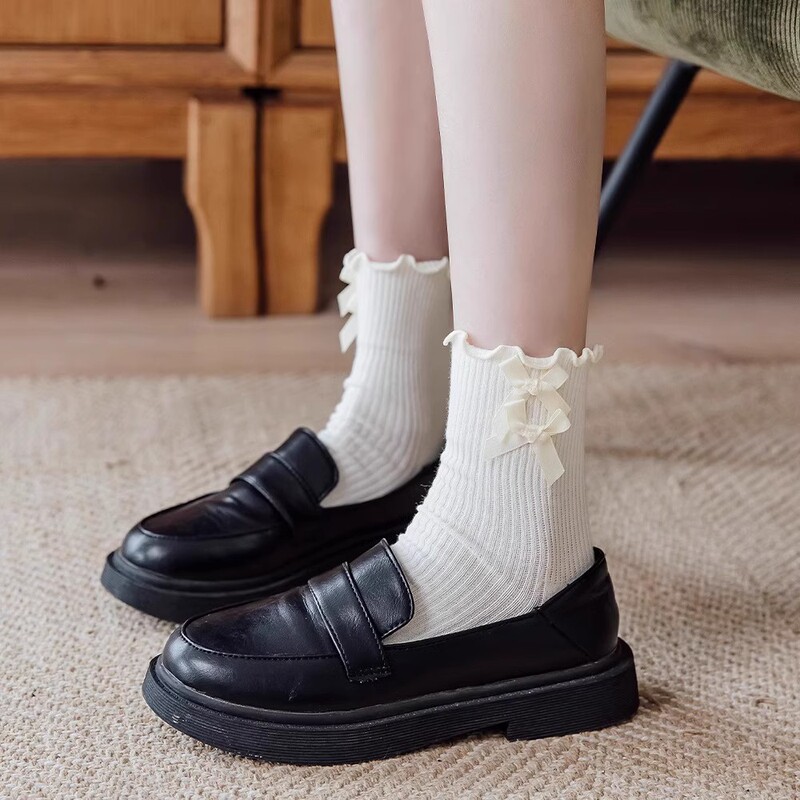 Bow Socks for Women, Good-Looking Summer Thin Fungus Lace Mid-Calf Socks Jk with Small Leather Shoes Mary Jane Pile Socks