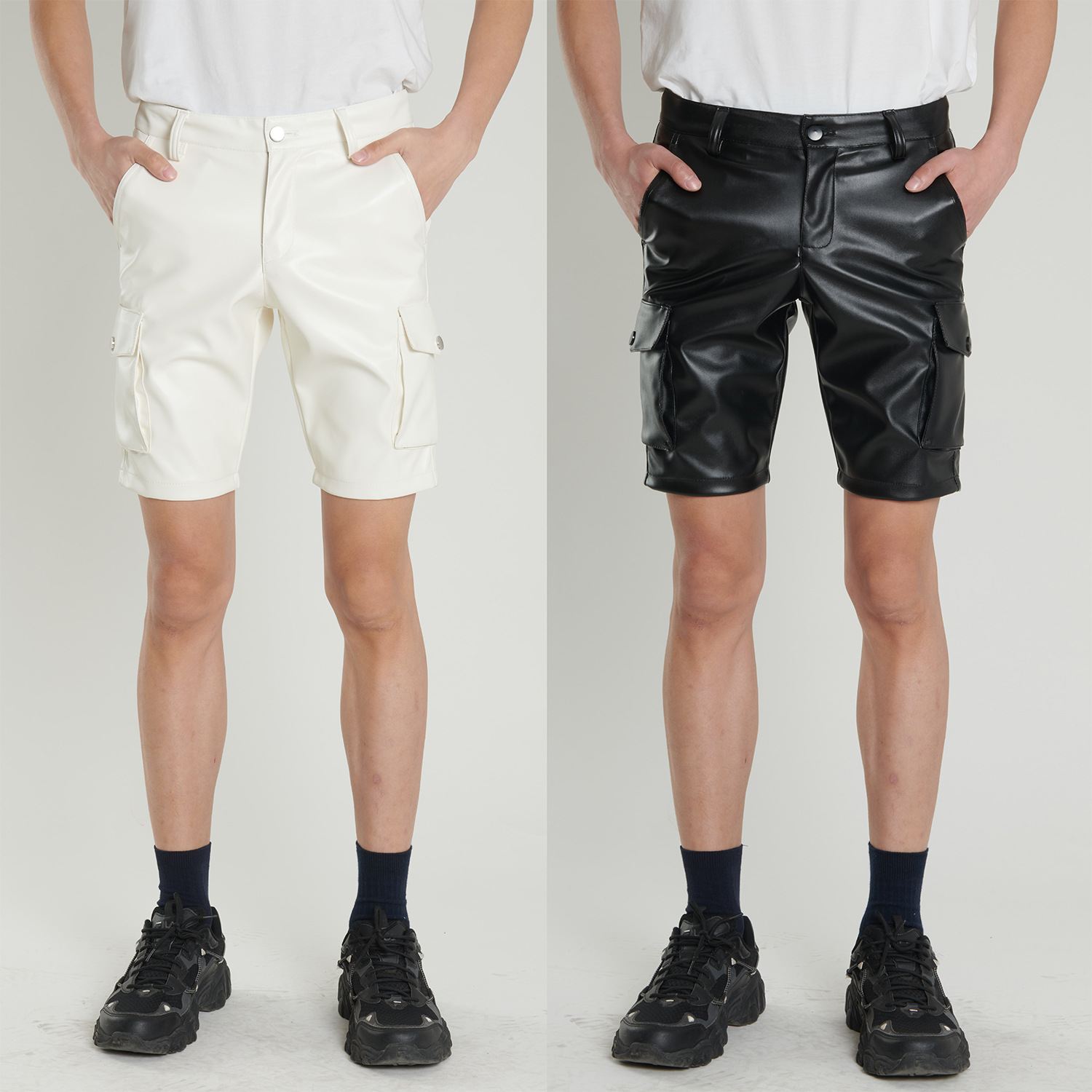 夏季薄款中青年跨境皮裤男士弹力白色黑色皮裤男时尚短裤五分裤装