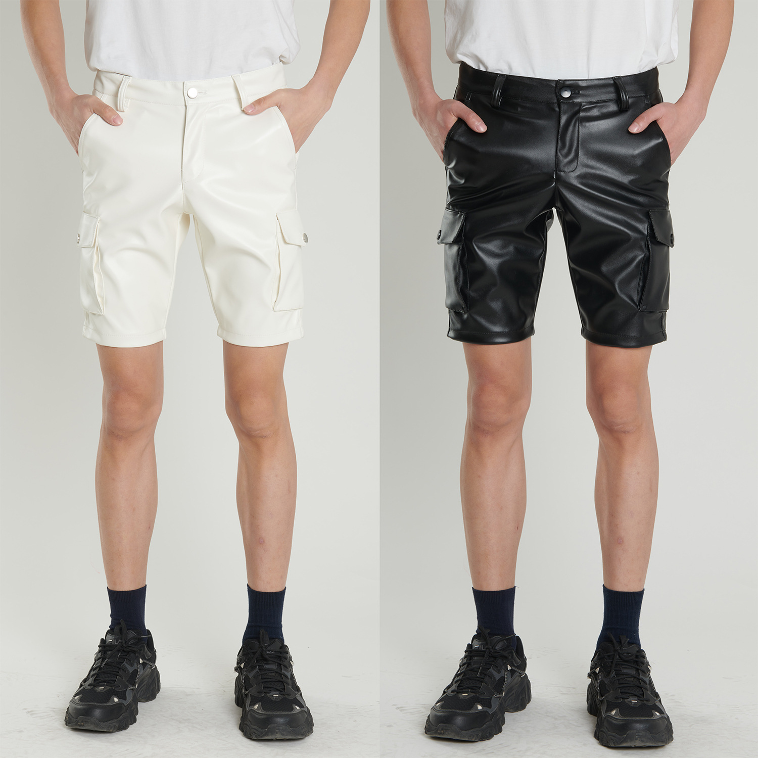 Pantalones de cuero transfronterizos delgados de verano para hombres jóvenes y de mediana edad estiran pantalones de cuero negro blanco pantalones cortos de moda para hombres