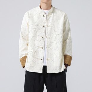 2024 spring and summer new flower Tang suit men's embossed pleated Chinese style improved coat retro National Fashion stand collar top