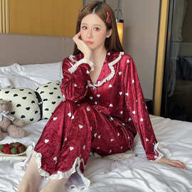 秋冬季新款金丝绒睡衣女粉色开衫简约休闲可外穿保暖家居服套装女