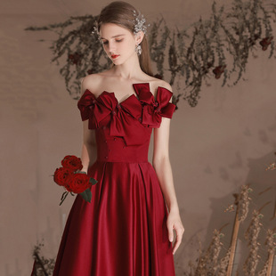 One-Shoulder Toast Dress 2025 New Banquet wine red Evening Dress Host Styline Long Dress Bride Wedding Engagement