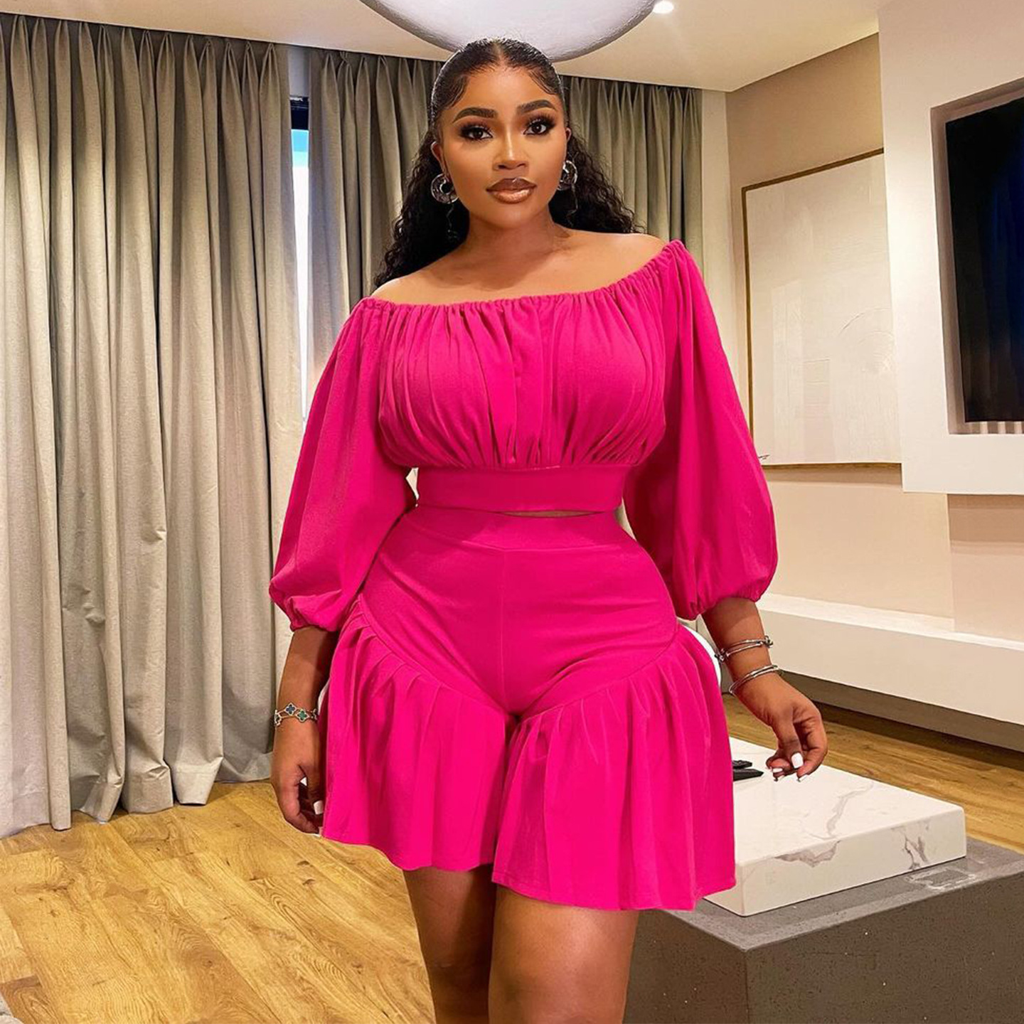 350g Weight Long Sleeve Sleeve Length Spandex, Polyester Fabric Type Shorts Co-ord Set Sets Type 2 Pieces Set Quantity Daily Occasion Off Shoulder Neckline Slim Fit Type Solid Color Pattern Summer Season Casual Style Daily Casual Solid Color Spandex Polyester Shorts Co-ord Set Plus Size Two-piece Sets 11
