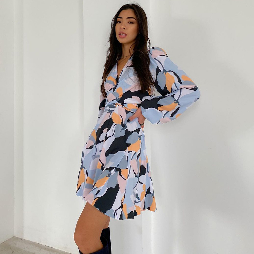 Print Long Sleeve Casual V Neck Dress NSKX109215