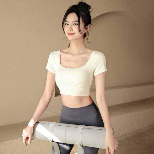 Yoga clothing women's summer sports top with chest pads, running short-sleeved T-shirt, high-end Pilates training fitness wear