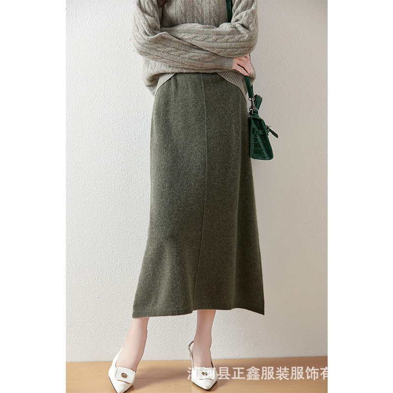 Autumn and Winter New Style Mid-Seam Pure Wool Skirt for Women, Fashionable and Versatile Knitted Skirt, Elastic Waist Woolen Skirt, Straight Skirt