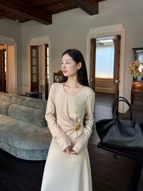 DIGM | 2025秋季极简优雅小女人金属收腰长袖天丝连衣裙女A15205|undefined