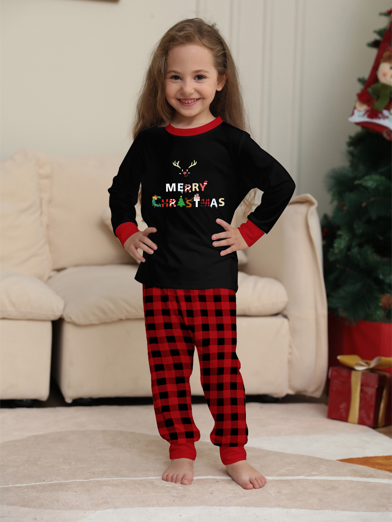 Christmas Christmas deer letter plaid Christmas family print home dress pajamas_voghion.com