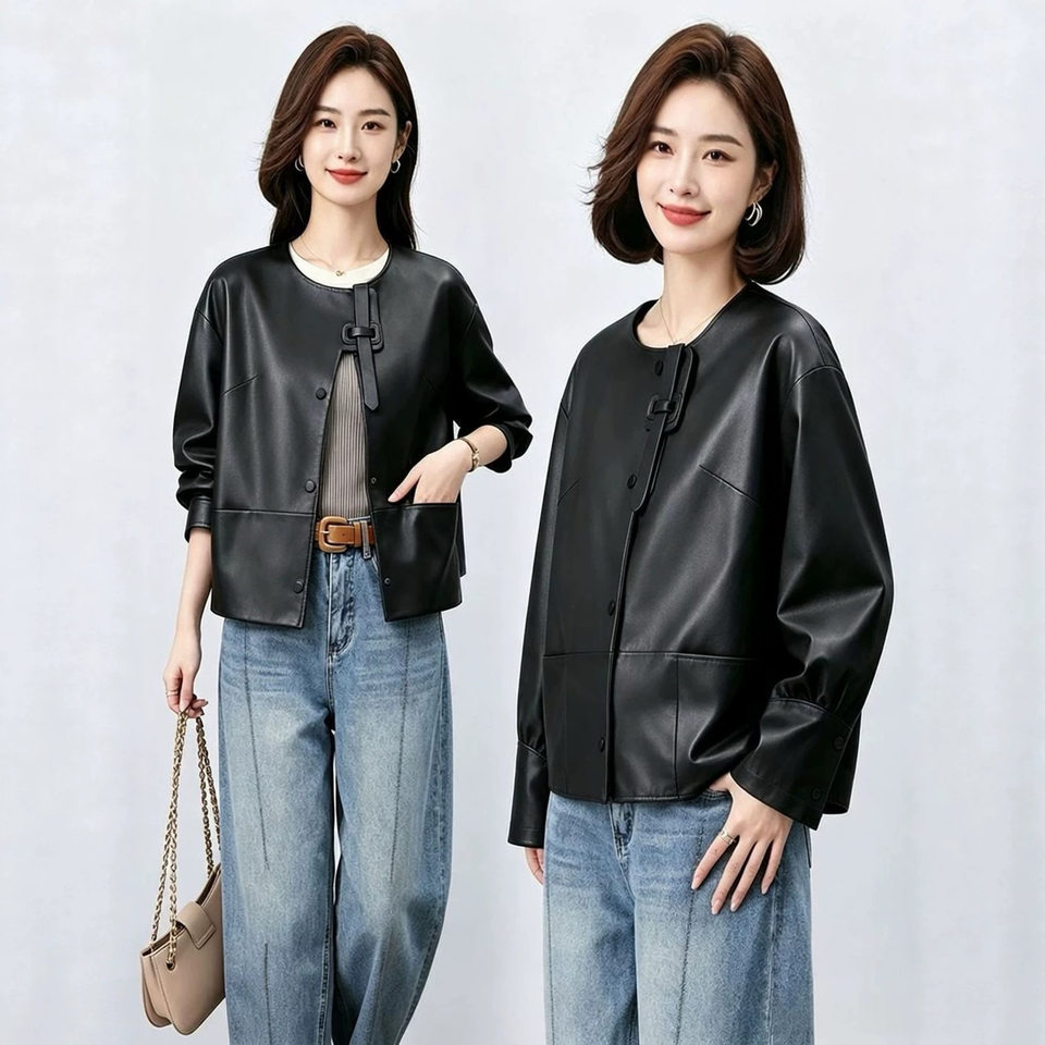 Áo khoác da nữ dáng ngắn ôm vừa, cổ lập, tay dài, phong cách thanh lịch — Cam Hermès, đen
