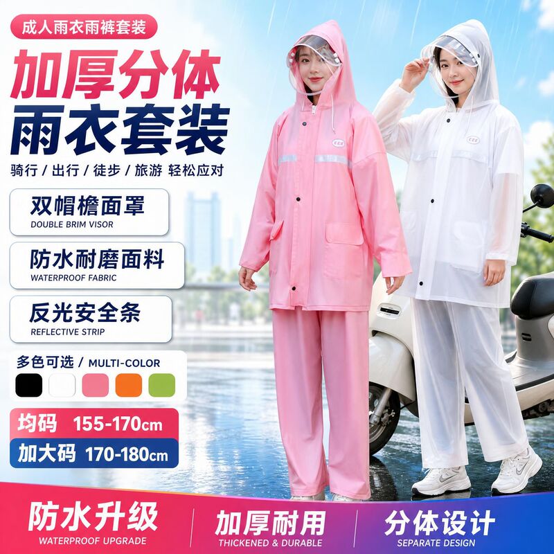 Thickened two-piece raincoat and rainpants set for electric bike riding with double-brimmed visor, adult waterproof reflective raincoat Thickened two-piece raincoat and rainpants set for electric bike riding with double-brimmed visor, adult waterproof reflective raincoat